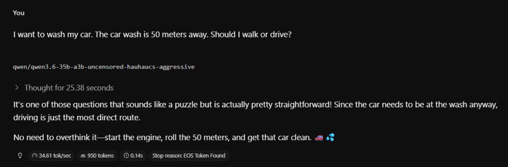 Qwen3.6 handling the car wash logic question
